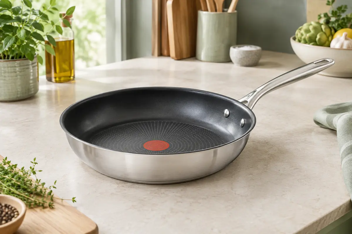 Poêle ronde en acier inoxydable avec revêtement antiadhésif posée sur une plaque de cuisson