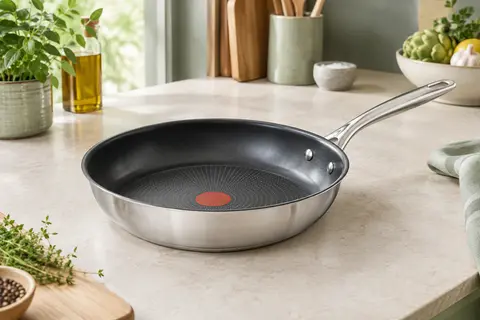 Poêle ronde en acier inoxydable avec revêtement antiadhésif posée sur une plaque de cuisson