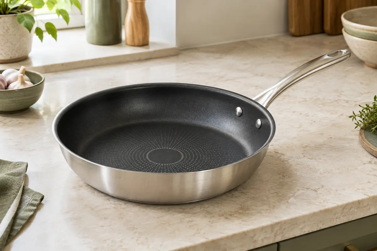 Poêle ronde en inox de 28 cm avec poignée rivetée et intérieur antiadhésif, posée sur un plan clair