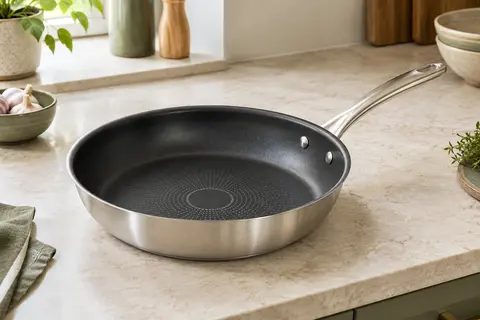 Poêle ronde en inox de 28 cm avec poignée rivetée et intérieur antiadhésif, posée sur un plan clair