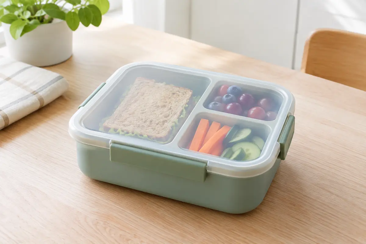 Boîte repas enfant à trois compartiments avec motifs Lilo et Stitch, posée sur un plan de travail clair.
