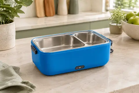 Gamelle chauffante bleu néon avec cuve amovible en acier inoxydable posée sur un plan de travail clair.
