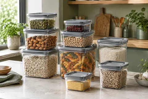 Boîtes alimentaires transparentes à couvercles gris, empilées avec des céréales et des pâtes sur un plan de travail