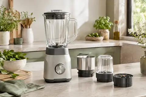 Blender compact Uten avec bol transparent, bouteilles et accessoires à lames sur un plan de travail clair