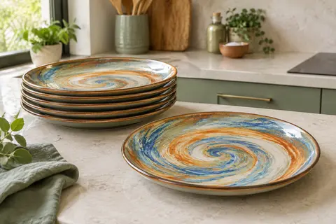 Six assiettes plates Vancasso Bonita en céramique, au motif tourbillon coloré et à la bordure marron.