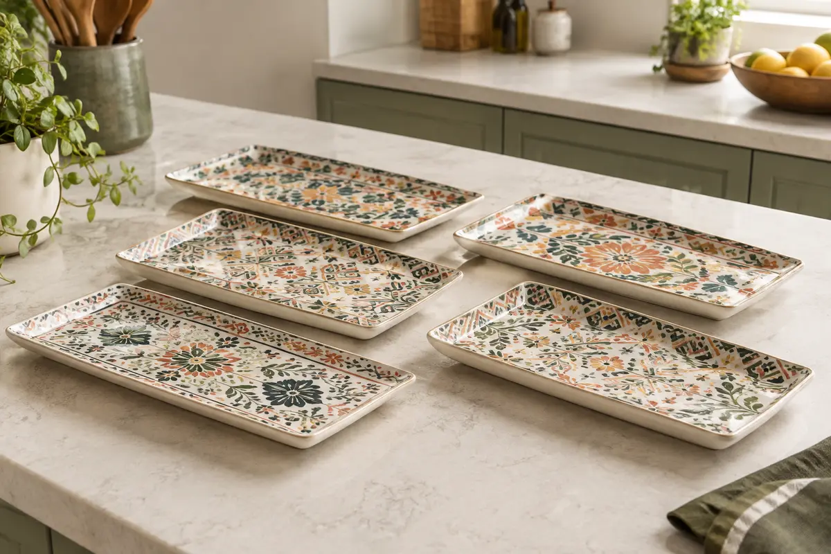 Assiettes rectangulaires Vancasso en porcelaine, décor bohème coloré, présentées avec des sushis et des desserts