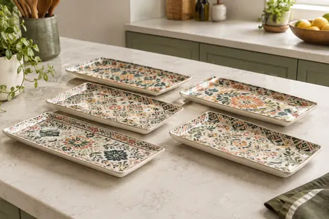 Assiettes rectangulaires Vancasso en porcelaine, décor bohème coloré, présentées avec des sushis et des desserts