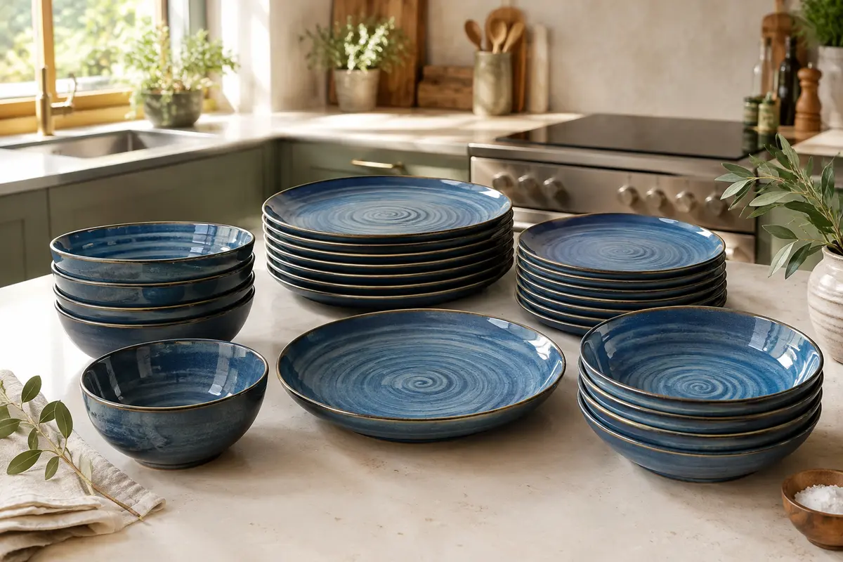 Service de table bleu en grès cérame, avec assiettes et bols ronds décorés de spirales