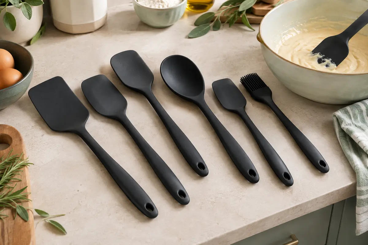 Ensemble noir de spatules, cuillères-spatules et pinceau en silicone posé sur un plan de travail clair