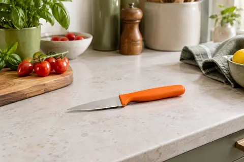 Couteau d’office à lame inox pointue de 8 cm et poignée orange posé sur un plan de travail clair