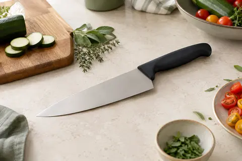 Couteau de chef Victorinox à lame inox lisse et manche noir posé sur un plan de travail clair