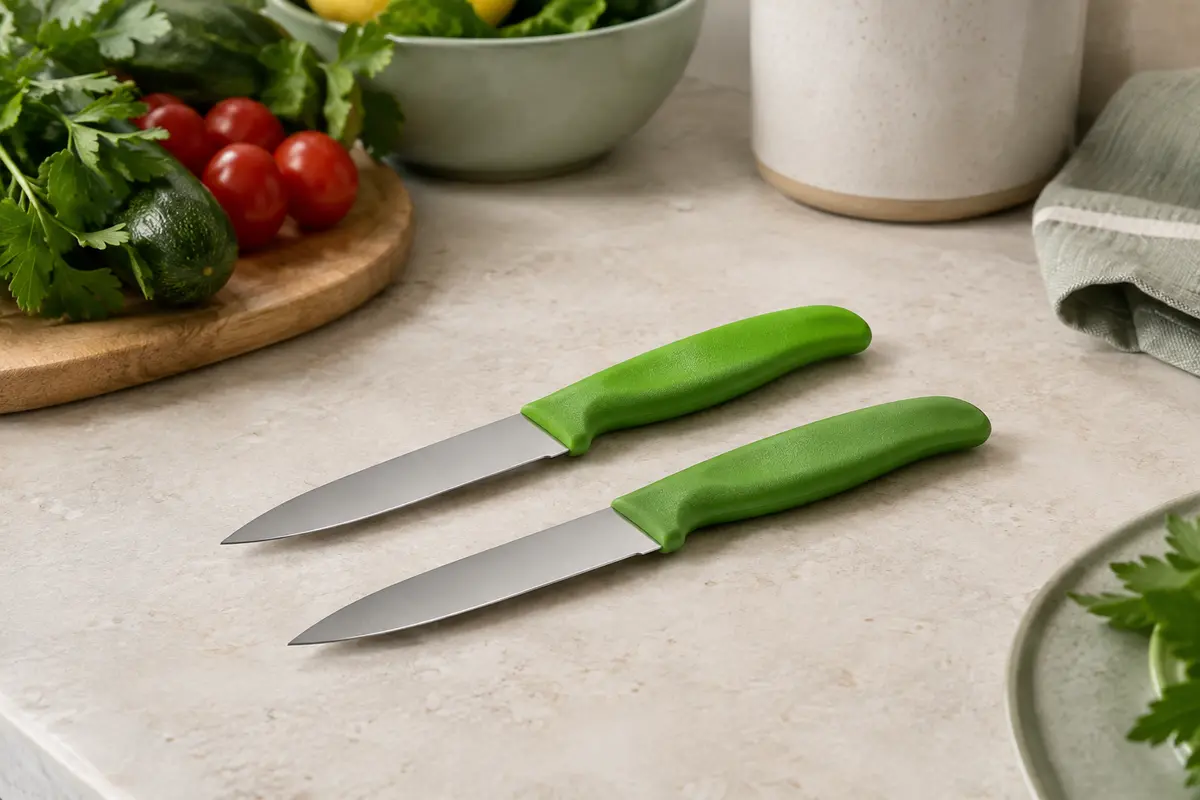 Deux couteaux à légumes à lames lisses en acier inoxydable et manches verts posés sur un plan de travail clair.