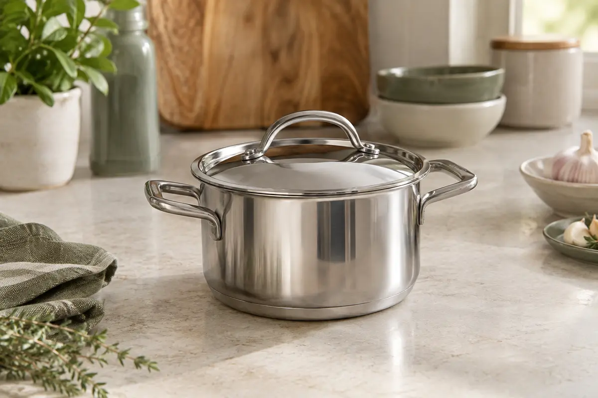 Petite casserole en acier inoxydable poli avec couvercle, posée sur un plan de travail clair.