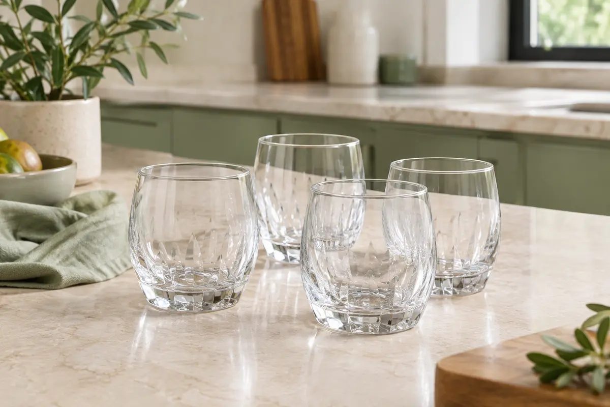 Quatre verres à eau transparents au relief géométrique, posés sur un plan de travail clair dans une cuisine