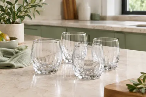 Quatre verres à eau transparents au relief géométrique, posés sur un plan de travail clair dans une cuisine