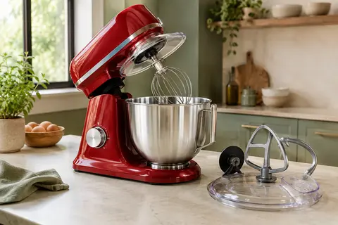Robot pâtissier rouge à tête inclinable avec bol en acier inoxydable posé sur un plan de travail clair.