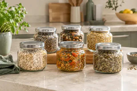 Six bocaux ronds en verre transparent avec couvercles, disposés sur un plan de travail clair.