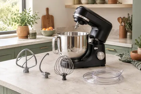 Robot pâtissier noir à tête inclinable avec bol inox, pare-éclaboussures et trois accessoires