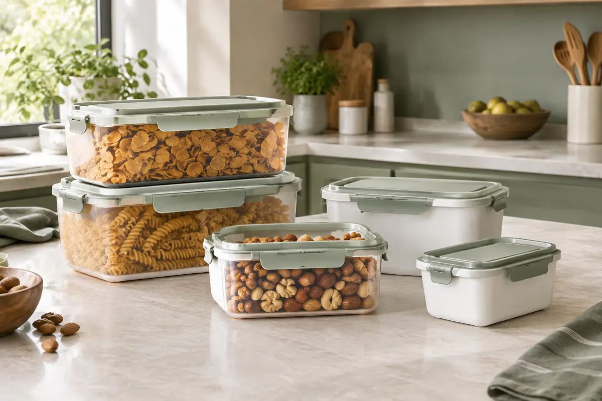 Boîtes alimentaires rectangulaires blanches de plusieurs formats, avec couvercles à clips, sur un plan de travail clair
