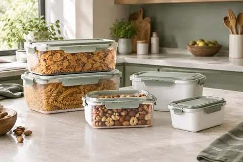 Boîtes alimentaires rectangulaires blanches de plusieurs formats, avec couvercles à clips, sur un plan de travail clair