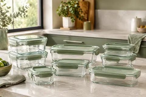 Boîtes alimentaires en verre transparent avec couvercles verts, disposées sur un plan de travail clair