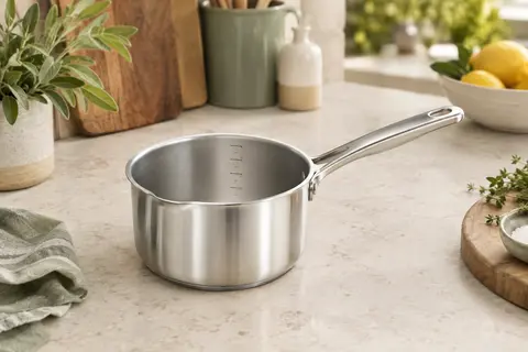 Petite casserole en inox avec bec verseur et échelle intérieure, posée sur un plan de travail clair