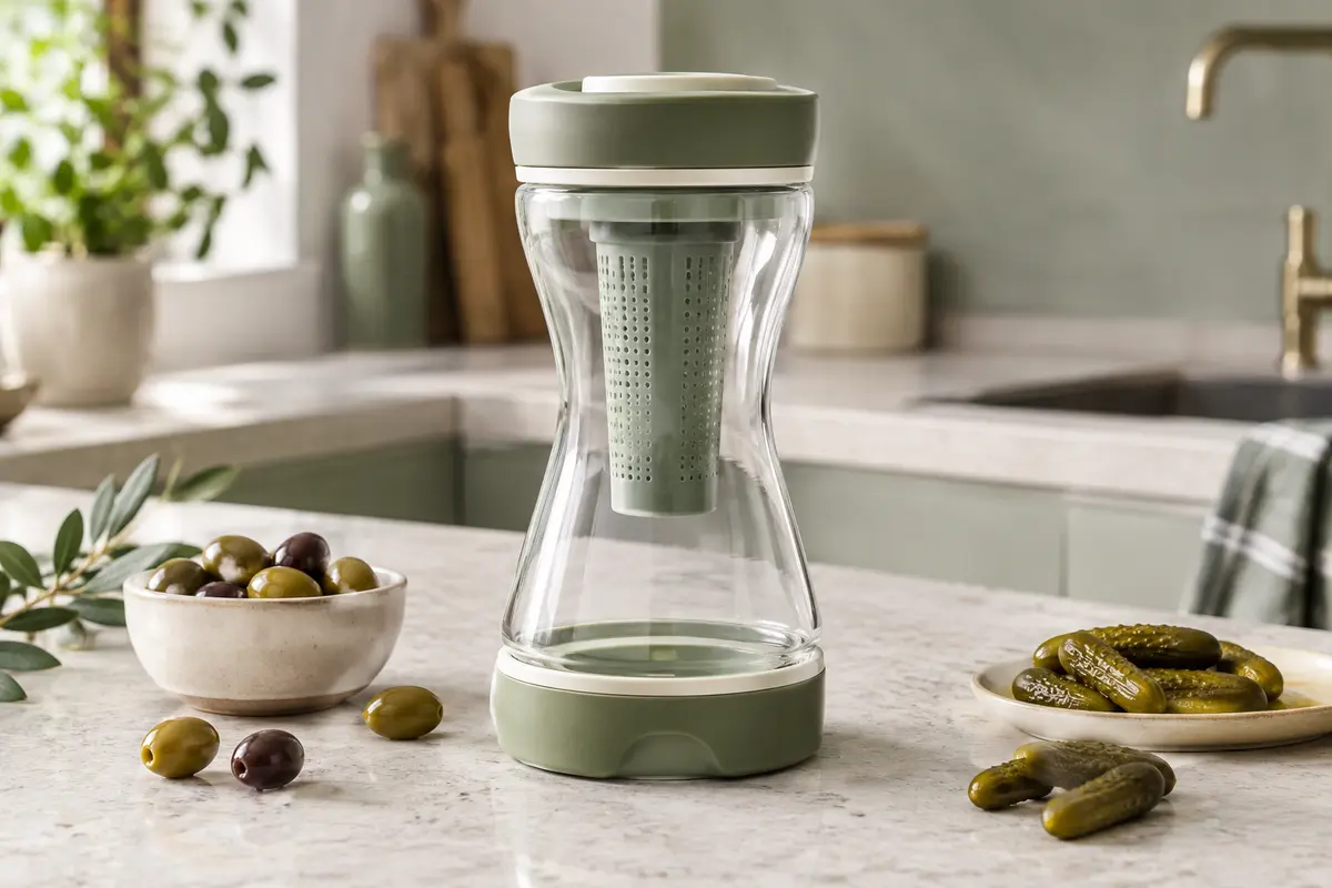 Bocal sablier transparent WhiteRhino avec olives et saumure, posé sur un plan de travail en pierre claire.