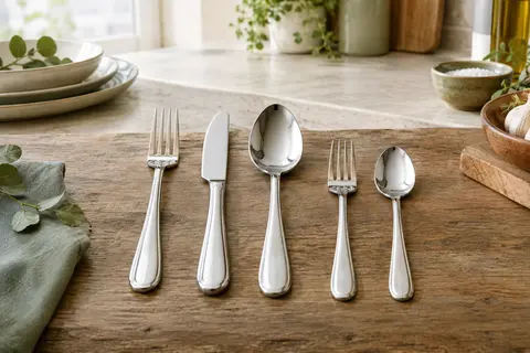 Service de couverts WMF Boston en acier poli disposé sur une table claire dans une cuisine lumineuse