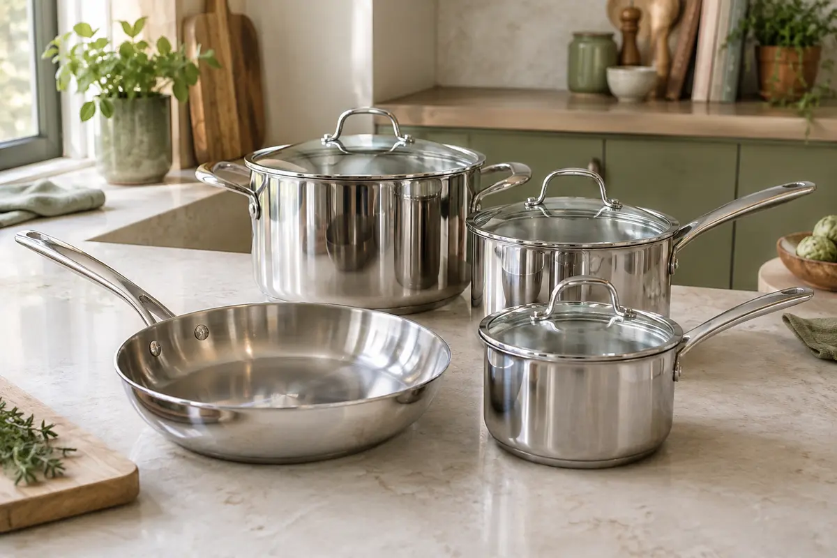 Batterie de cuisine Wodillo en inox argenté avec poêle, casseroles et couvercles en verre sur un plan de travail clair.