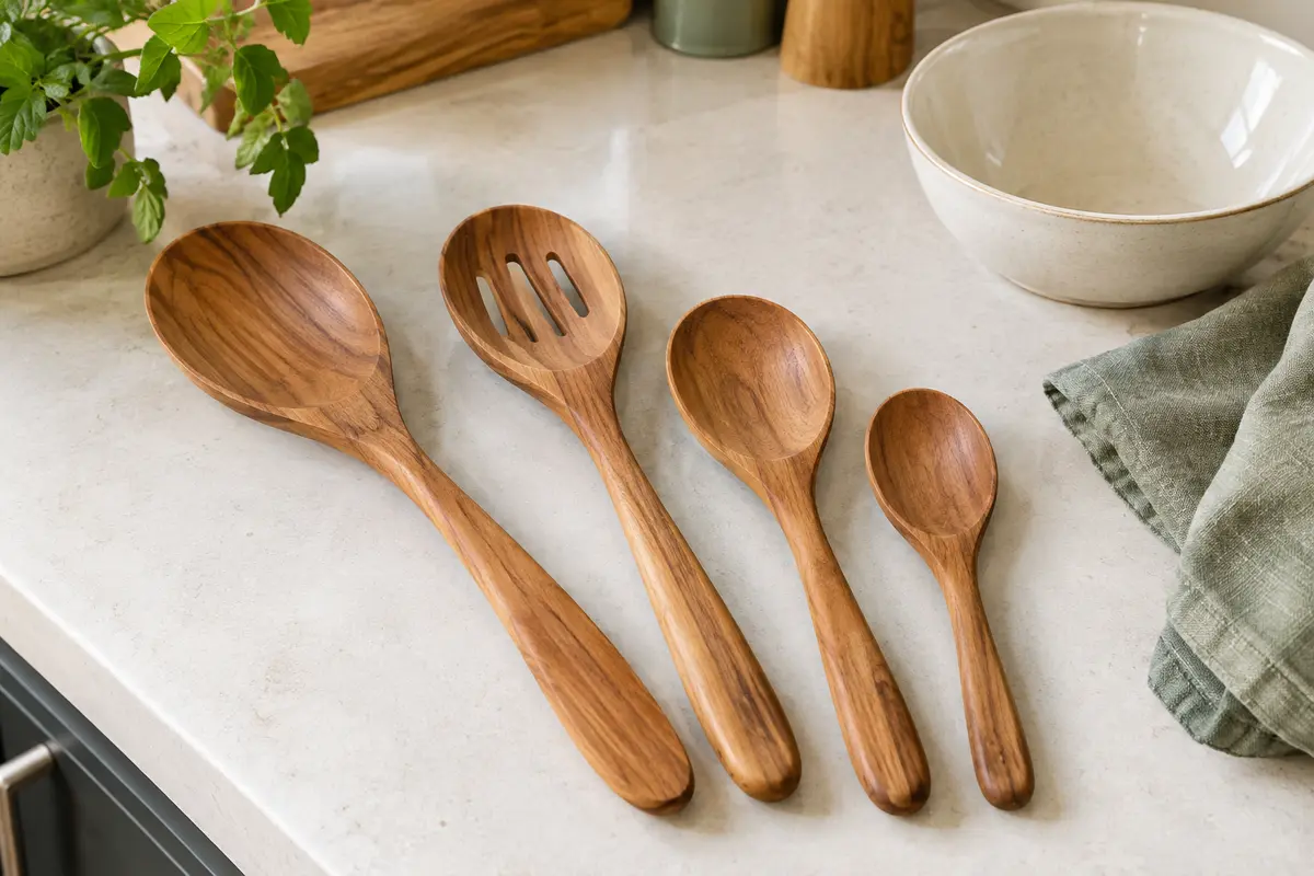 Lot de quatre spatules en bois de teck posées sur un plan de travail clair dans une cuisine lumineuse.