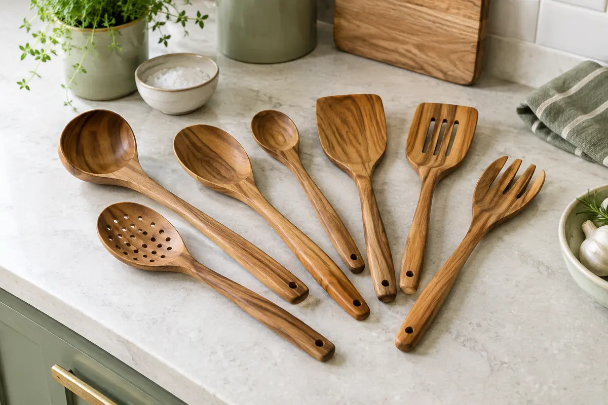 Ensemble de cuillères, spatule, louche et autres ustensiles en bois de teck sur un plan de travail clair