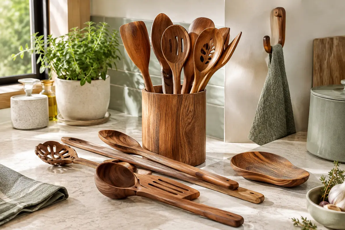Ensemble de 12 ustensiles de cuisine en teck brun avec pot de rangement et repose-cuillère
