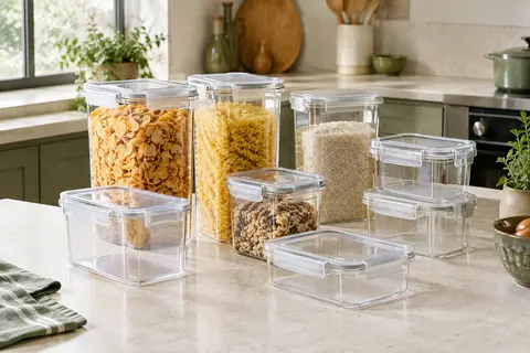 Boîtes alimentaires transparentes de plusieurs tailles, empilées sur un plan de travail clair