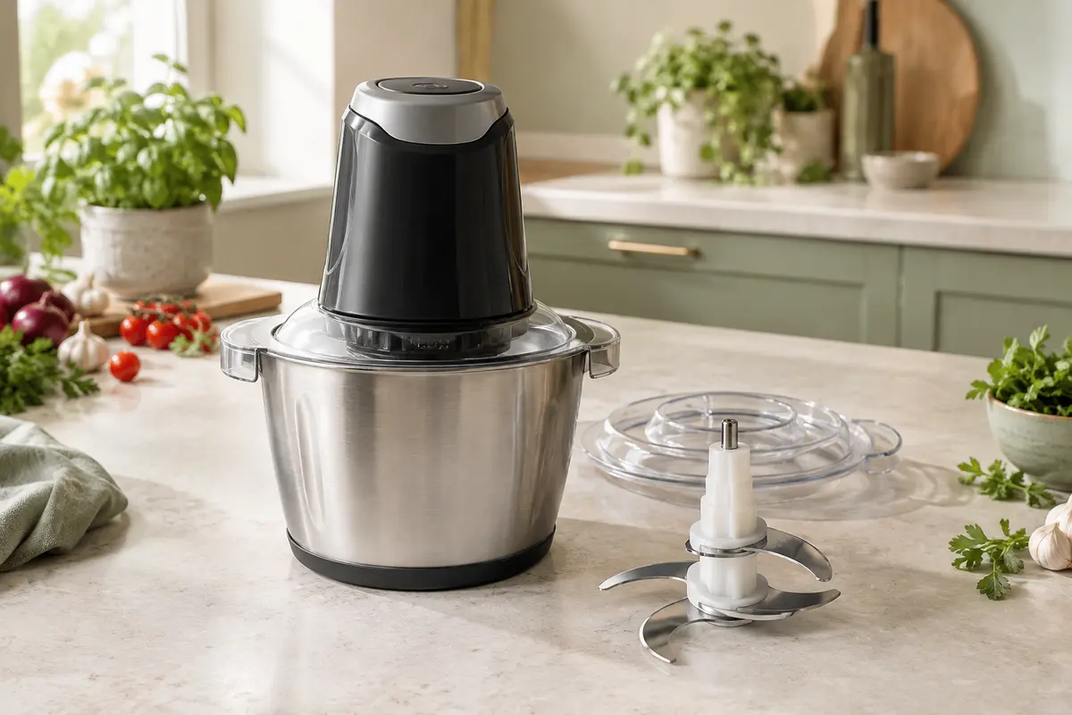 Hachoir électrique noir et gris avec bol en acier inoxydable posé sur un plan de travail clair.