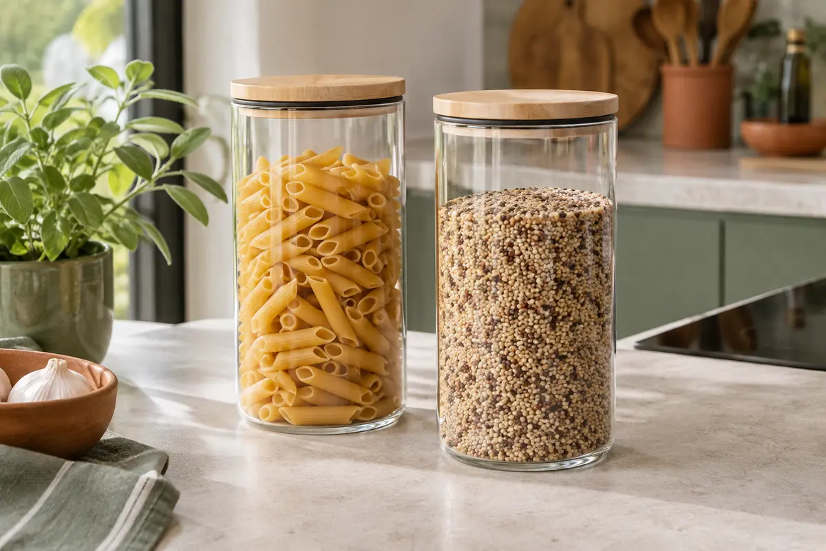 Deux bocaux transparents en verre remplis d’aliments secs, avec couvercles en bambou et joints.