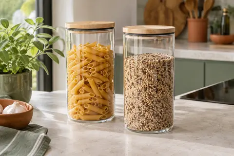 Deux bocaux transparents en verre remplis d’aliments secs, avec couvercles en bambou et joints.