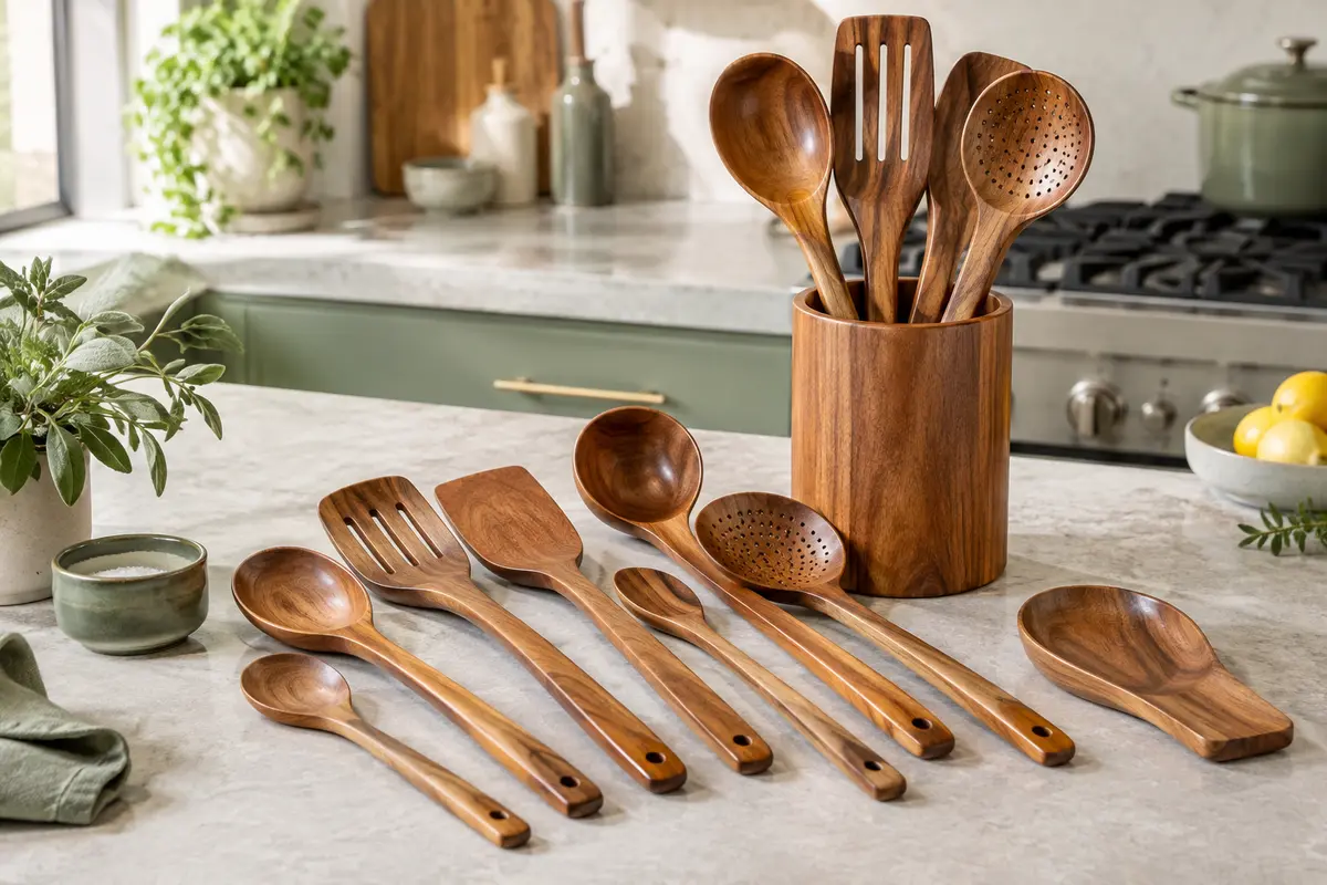 Ensemble de douze ustensiles de cuisine en teck brun rangés dans leur récipient en bois