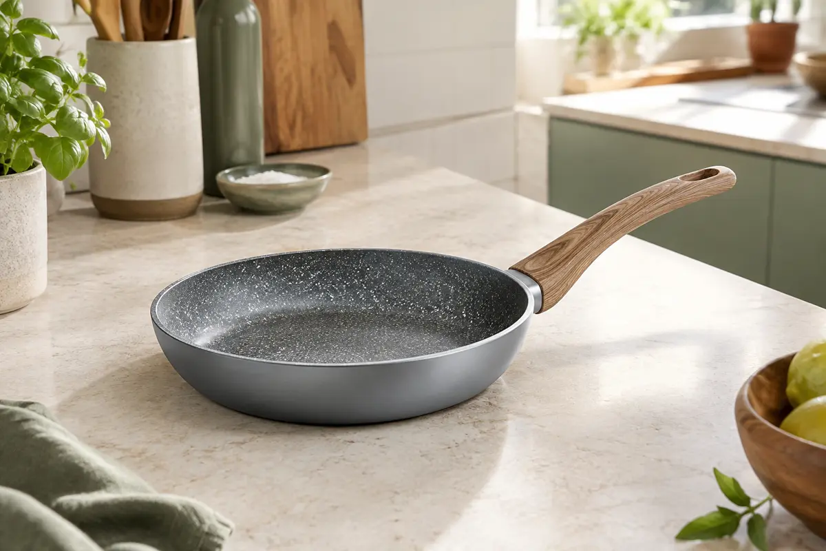 Poêle à frire grise de 20 cm avec revêtement effet granit et poignée en bois, posée sur un plan de travail clair.