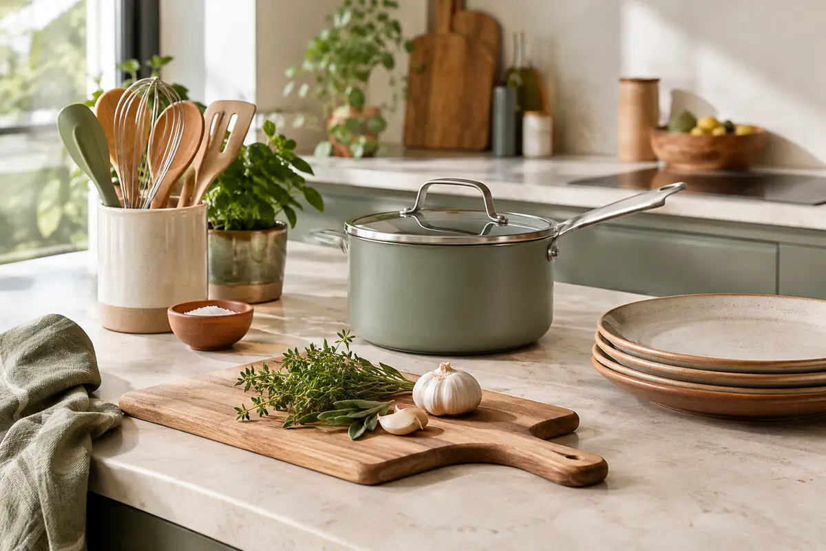 Poêle, casserole, couteau et assiettes réunis sur un plan de travail de cuisine